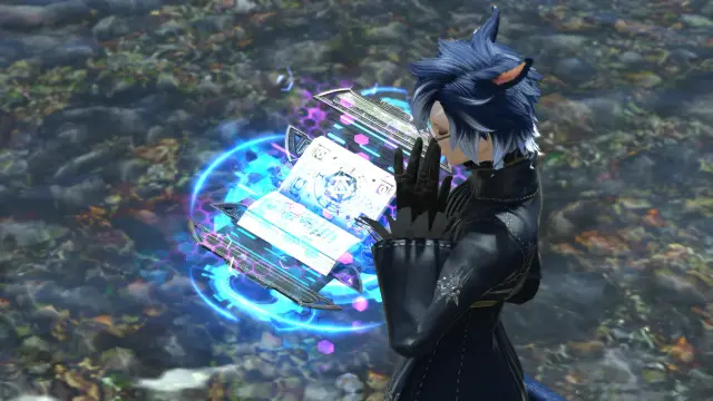 A blue-haired miqo'te summoner, adjusting her glasses. She is holding the Mandervillous Index, a book with a high-tech design. It has a force-field like effect around it, with three blue discs hovering over the cover. Two are smaller, near the outer edges of the book, with the third being much larger and centered.