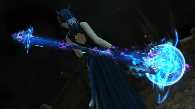 A blue-haired miqo'te black mage, holding the Mandervillous Rod behind her. The weapon is surrounded by a force field-like effect; around the head of the rod is an energy orb, with a ring around the equator. Another, smaller ring is around the bottom tip of the rod.