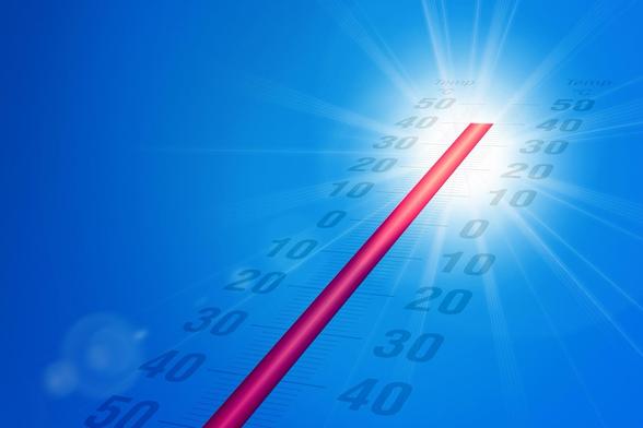 A thermometer exposing high temperatures with vibrant sun rays in the background, set against a blue gradient backdrop.