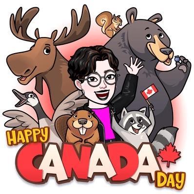 Cartoon-style illustration of a smiling person surrounded by Canadian animals, including a moose, beaver, raccoon, goose, black bear, and squirrel. The text 