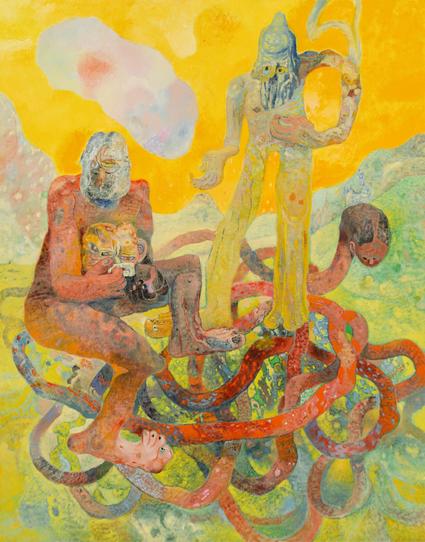 Painting of two cartoonish figures standing amidst a pile of coiled snake-like creatures in a bright palette of yellow, orange, and green