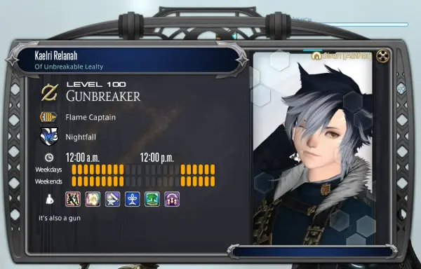 The adventurer plate of a miqo'te gunbreaker, in the post-Dawntrail graphics.