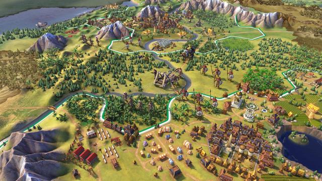 Screenshot do jogo Civilization 6, com um mapa e pequenos modelos de cidades, tropas e outros objetos espalhados pelo mesmo.