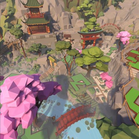 Scene from the cherry blossom virtual reality course from above. The scene is very low poly with all objects obviously created from triangles, but it’s very pretty. There is water with lily pads and a pretty arched wooden bridge, a Japanese-style pagoda and trees with pink foliage. 