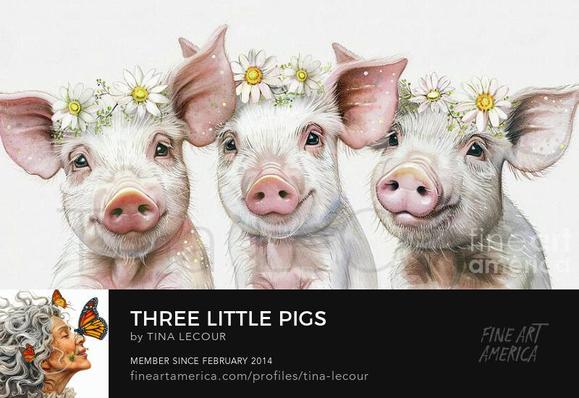 This is artwork of three whimsical little pigs wearing daisy flowers on their heads against a white background. 