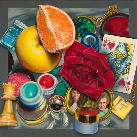 Photorealistic still life painting with a cluster of objects, including an orange slice, a rose, a Queen of Hearts card, a chess piece, a pocket watch, and makeup containers