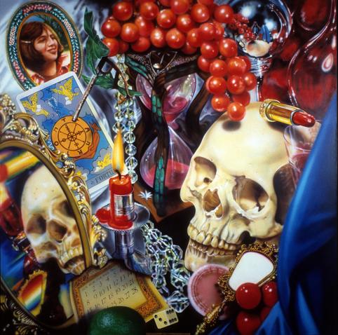 Photorealistic still life painting with a large cluster of objects, including a skull, an hourglass, a candle, a mirror, a bunch of grapes, and a tarot card
