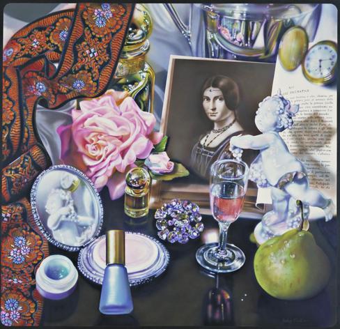 Photorealistic still life painting with a cluster of objects, including a pear, a compact, a rose, and a small print of a Leonardo da Vinci painting