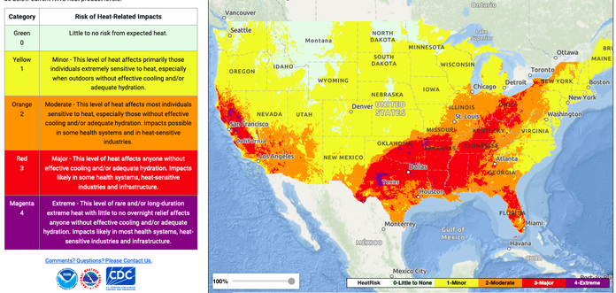national weather service heat risk map for the US - screenshot. for more info go to www.wpc.ncep.noaa.gov/heatrisk