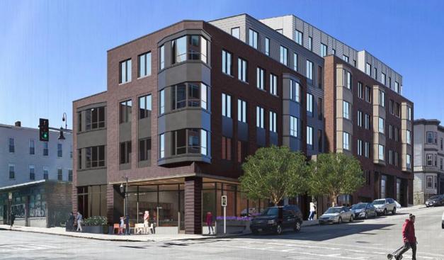 Rendering of six-story apartment building landlord Monty Gold is suing to block on Mission Hill