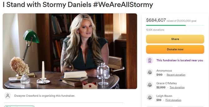 Stormy Daniels has raised 684,000 dollars As of 7-3-2024 12:02pm PT  You can donate here. 
https://gofund.me/adeea34d