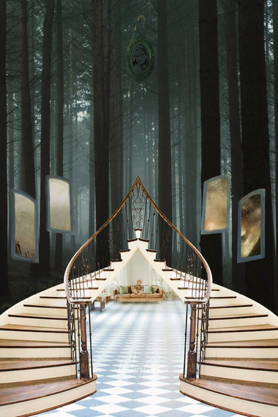 A grand staircase designed like a boat's hull extends from a surreal forest backdrop towards a room with a boy sitting on a sofa. Suspended frames float in the air on either side of the staircase. In the frames, there are portals with golden brown hues.