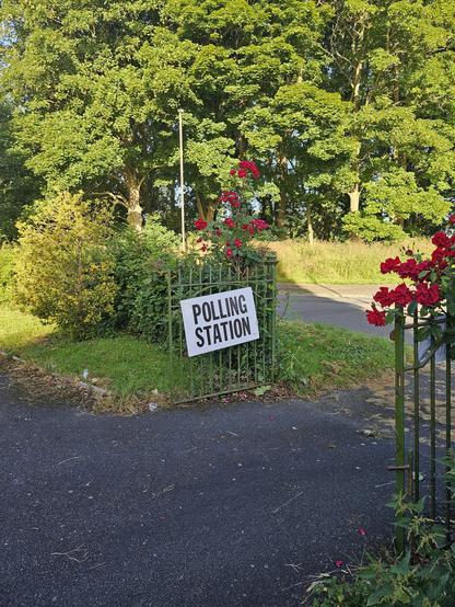 A Polling Station sign fixed to a green metal gate,  tarmac driveway in front. Red roses bloom on either side of the gate (despite the imagery, I did not vote Labour - fuck transphobia, though it's a pretty safe Labour seat)