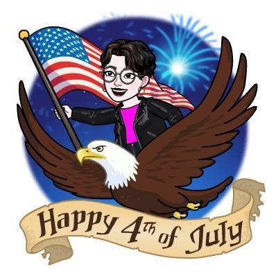 Cartoon character riding a bald eagle, holding the American flag, with a 
