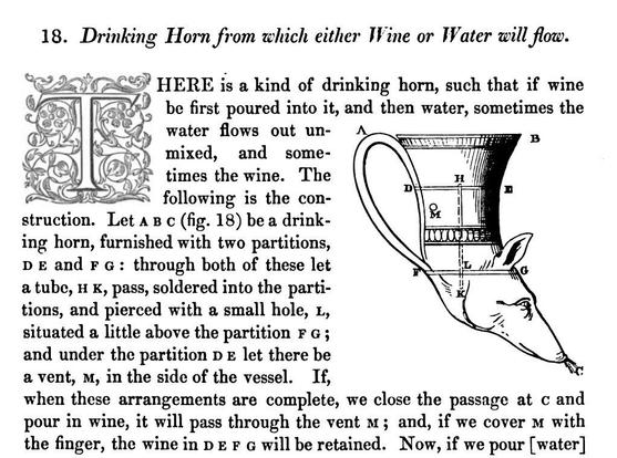 Screenshot from the book 'The Pneumatics of Hero of Alexandria' showing a 'Drinking Horn from which either Wine or Water will flow' along with a description of how to construct it.