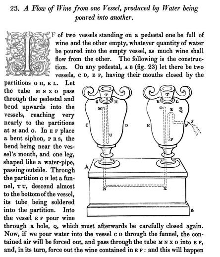 Screenshot from the book 'The Pneumatics of Hero of Alexandria' showing a 'A Flow of Wine from one Vessel, produced by Water being poured into another' along with a description of how to construct it.