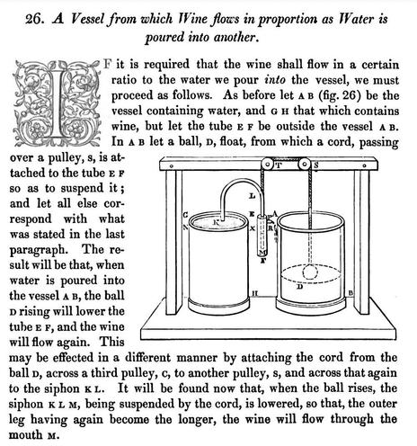 Screenshot from the book 'The Pneumatics of Hero of Alexandria' showing a 'A Vessel from which Wine flows in proportion as Water is poured into another' along with a description of how to construct it.