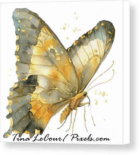 This is a watercolor of a pretty gold butterfly against a white background. 