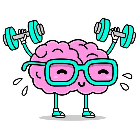 Cartoon brain wearing glasses and sneakers, lifting dumbbells with a happy expression and sweat droplets.