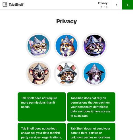 A work-in-progress screenshot of the updated privacy section of the Tab Shelf extension's onboarding page.