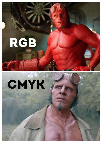Stills from two Hellboy movies.

Top: Del Toro one, with saturated red Hellboy, titled “RGB”
Bottom: New one, with bleak slightly red Hellboy, titled “CMYK”