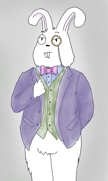Roderick Rabbit shown here looking rather self-satisfied in a smart purple jacket with a green vest, blue shirt and pink bowtie