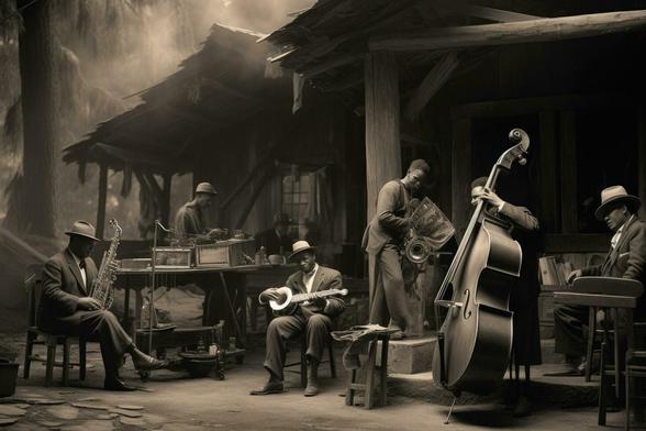 big band ai generated group of jazz musicians perform in a restaurant in chengdu china 1930s jazz band playing on a rustic stage ai generated free photo