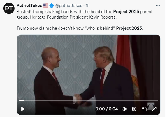 Trump shaking hands with Project 2025 parent group Heritage Foundation President Kevin Roberts. 