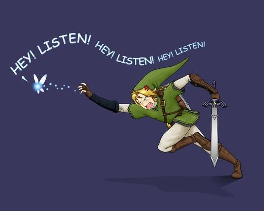 illustration of Link angrily chasing Navi as she repeats 