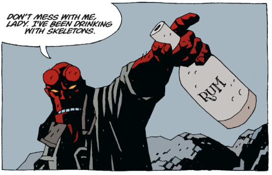 panel from Hellboy comic of hellboy pointing while gripping a bottle of rum and saying, 