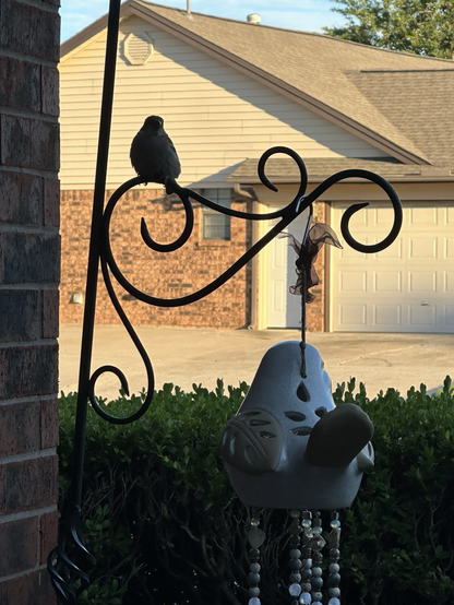 A bird on a decorative yard hook holding a bird house, a brown suburban home lit by evening sun provides contrast for the bird’s outline