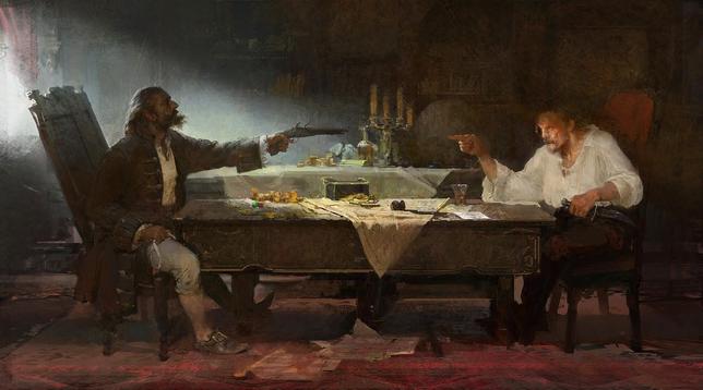 art; two pirates at opposite ends of a long table, one is point a gun at the other.