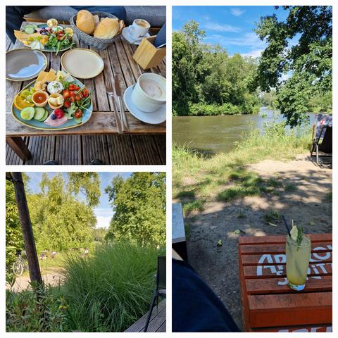Eine Collage: ein Frühstück für zwei, Blick von Terrasse ins Grüne, ein Tischchen mit Limonade direkt am Fluss