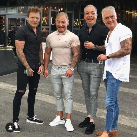 The heads of the initial four Reform UK MPs from the posed photo posted on twitter by Farage - Tice, the other one, Farage and Anderson - superimposed on the famous photo of four lads in skinny jeans posing outside a bar.  Rupert Lowe. That’s the other one. No, me neither.