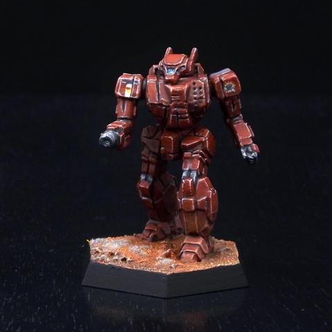 A painted miniature of a Valkyrie 'Mech.  It is dull red with a few thin blue stripes as accents.  The emblems of the DMM and the Federated Commonwealth are on the shoulders.