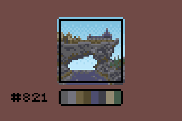 Pixel art of Solitude, a city from Skyrim. The city is situated on a giant stone arch over a bay.
