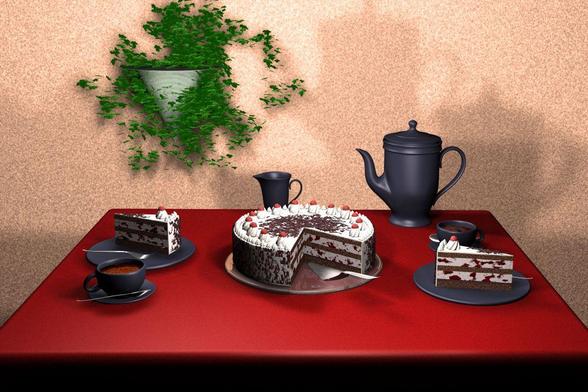 Ein für zwei Personen gedeckter Tisch mit einer roten Tischdecke, in der Mitte eine angwschnittene Schwarzwälder Kirschtorte auf einer Glasplatte mit Tortenheber, dahinter ein Milchkännchen und eine Kaffeekanne, rechts und links jeweils ein Dessertteller mit einem Tortenstück und einer Kuchengabel, neben dem Teller eine gefüllte Kaffeetasse mit Untertasse und Teelöffel. Das Service ist aus dunkelblauem Porzellan. Der Tisch steht an einer Wand an der hängt ein weißer Blumentopf in Form eines halben Kegels, miter Spitze nach unten und oben ragen Ranken mit grünen Blättern heraus, die auch drumherum nach unten hängen.

A table set for two with a red tablecloth, in the centre a sliced Black Forest gateau on a glass plate with a cake server, behind it a milk jug and a coffee pot, on the right and left a dessert plate with a slice of cake and a cake fork, next to the plate a filled coffee cup with saucer and teaspoon. The service is made of dark blue porcelain. The table stands against a wall on which hangs a white flower pot in the shape of a half cone, with the tip pointing downwards and tendrils with green leaves sticking out at the top, which also hang downwards around it.