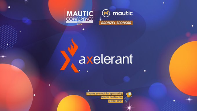 Promotional graphic for Mautic Conference 2024 featuring a Bronze Sponsor, Axelerant, with colorful abstract background and sponsor logos.
