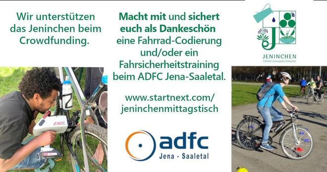 Außer dem Text aus dem Toot ist noch folgendes zu sehen:
* das Jeninchen-Logo
* ein Foto einer Fahrrad-Codierung
* das Logo des ADFC Jena-Saaletal
* ein Foto eines Fahrsicherheits-Trainings