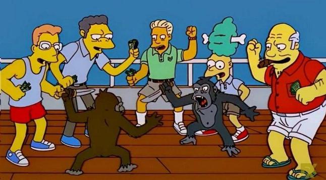Simpson frame: 2 monkeys fight each other and the crowd enjoy it