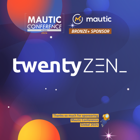 Promotional graphic for Mautic Conference 2024 featuring a Bronze Sponsor, TwentyZen, with colorful abstract background and sponsor logos.