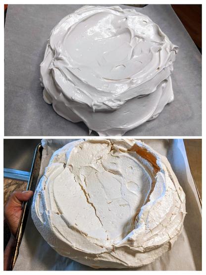 Two pics : whipped egg whites with sugar (and a bit of potato starch) and vanilla heaped and shaped gently into a round cake shape, and
post low heat bake of the meringue.
