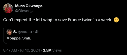 Musa Okwonga @Okwonga 

Can’t expect the left wing to save France twice in a week. 