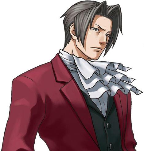 Phoenix Wright character Miles Edgeworth, an anime man wearing a red suit and a jabot - a sort of necktie type thing wrapped around his neck with cascading layers of ruffles in front. 