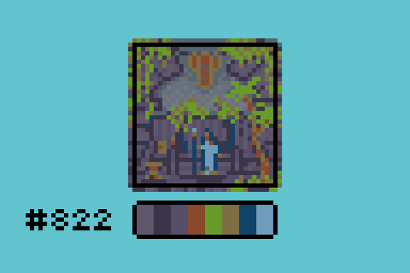Pixel art of The Harborage, a location from Elder Scrolls Online. Dark stone ruins overgrown with foliage, and one robed figure standing in the center of the frame.