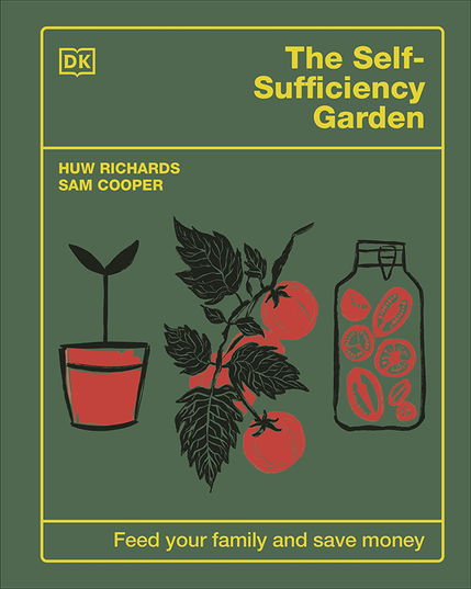 Front cover of The Self-Sufficiency Garden with drawings of a plant in a pot, tomatoes on the vine and a jar of pickled veg on a green background.