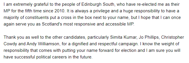 Ian Murray's latest newsletter about his re-election as an MP. Relevant excerpt: 