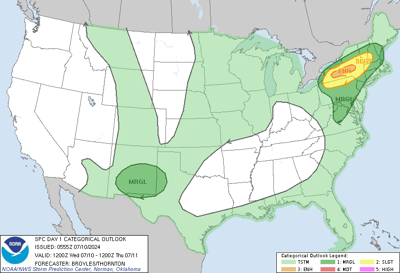 Thunderstorms are possible in the light green areas. The bright colors are at risk for severe thunderstorms (wind and hail, maybe a tornado) as Beryl continues to burn energy. 