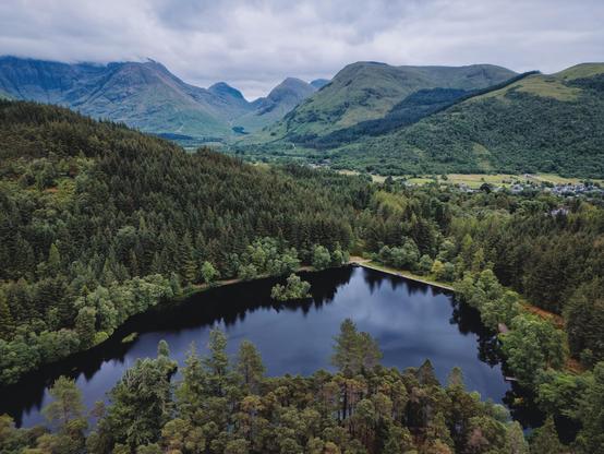 Glencoe Lochan and surrounding mountains by drone