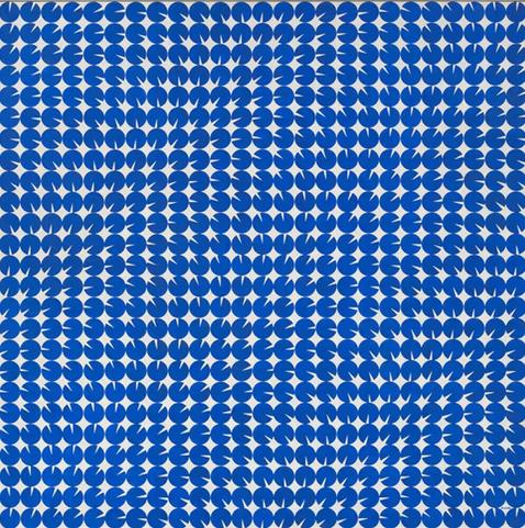 Painting of a grid formation of small blue circles each with a sliver of white, twisting in different directions over a white field
